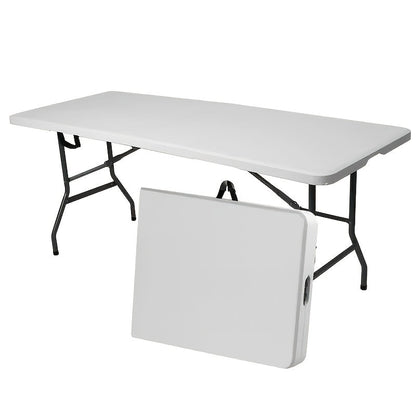 Table pliante en plastique portable 76 cm / 122 cm / 183 cm, table légère pliante en deux pour intérieur et extérieur avec poignée de transport et pieds verrouillables pour pique-nique, camping, fête, jardin, bureau, blanc