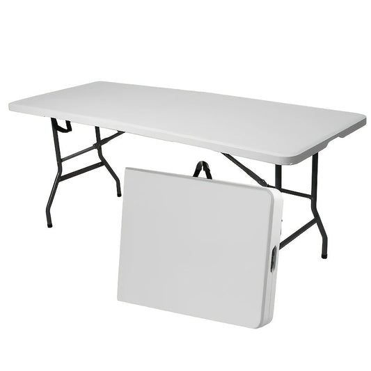 Table pliante en plastique portable 76 cm / 122 cm / 183 cm, table légère pliante en deux pour intérieur et extérieur avec poignée de transport et pieds verrouillables pour pique-nique, camping, fête, jardin, bureau, blanc