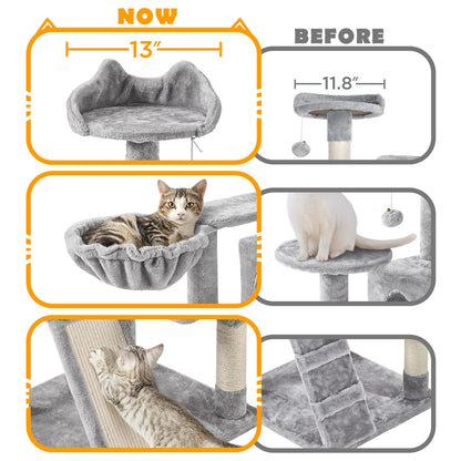 Arbre à chat multiniveaux de 145 cm avec 2 niches – poteaux à griffer en sisal, balle suspendue, plateforme ronde et échelle pour chatons et petits chats d'intérieur, 6 couleurs, cadeau de Noël pour les amoureux des chats