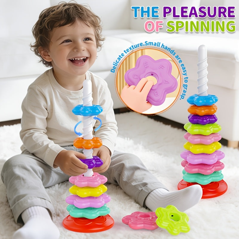 Tour à empiler rotative arc-en-ciel pour tout-petits – Jeu d'anneaux à empiler de 10 pièces pour la reconnaissance des couleurs et le développement cognitif | Jouet éducatif STEM multicolore pour enfants de 1 à 3 ans