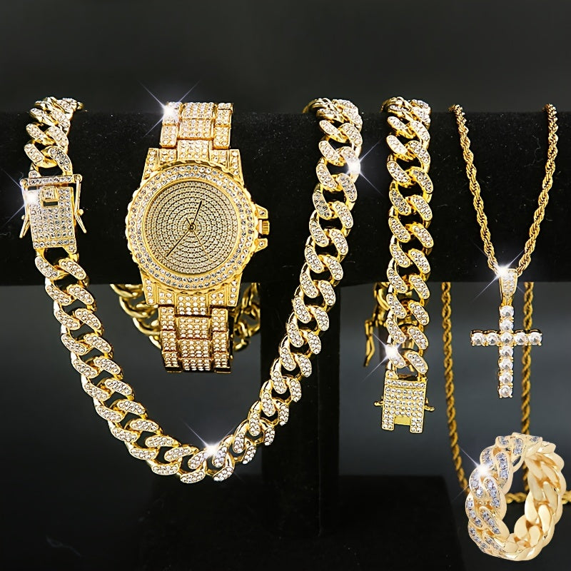 Ensemble de 5 pièces de luxe pour montre et bijoux – Pour hommes et femmes – Montre à quartz, collier à maillons cubains, bracelet, bague et pendentif croix, cadeau de Noël idéal, en or et argent