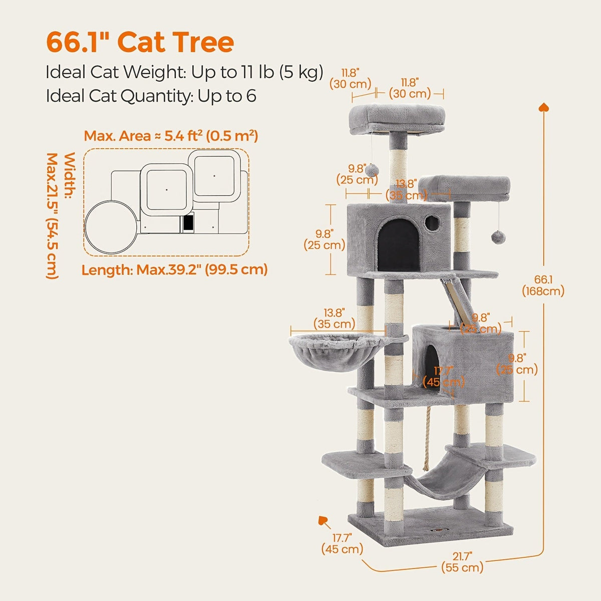 Multi-Level Cat Tree Tower 44-66 Inch with Hammock Sisal Scratching Posts Cozy Cave Perches Anti-Tilt Stable Cat Condo for Multi-Cat Families Kittens & Cats Gift