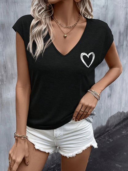 Women's Heart Print Batwing Sleeve V-Neck T-Shirt Cute Casual Graphic Tee Summer Loose Fit Knit Top for Daily Wear
