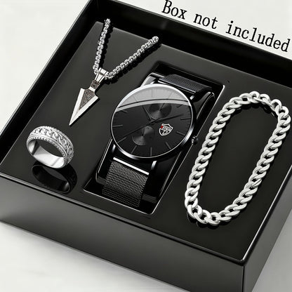 Coffret cadeau montre à quartz et bracelet pour homme, 4 pièces - Montre élégante à boîtier en alliage et cadran rond, style sport, décontracté et professionnel, avec bracelet assorti pour le quotidien, les anniversaires et les fêtes.