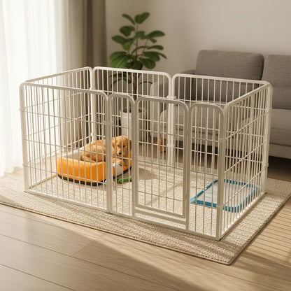 Enclos pour chien d’intérieur en acier inoxydable – Parc pour animaux multifonction avec zones de repos, de jeu et d’apprentissage de la propreté pour petits et moyens chiens, pré-assemblé pour une installation facile, noir ou blanc