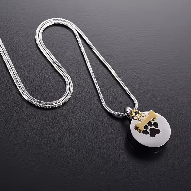 Collier urne avec empreinte de patte pour cendres d'animaux - Pendentif médaillon souvenir rond en acier inoxydable pour le mémorial de chien et chat, bijoux de crémation porte-cendres pour le deuil d'un animal (argenté)