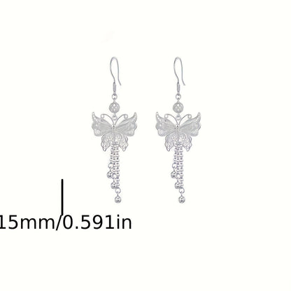 Boucles d'oreilles papillon en argent sterling S925 avec longs pompons – Élégantes boucles d'oreilles pendantes vintage pour femmes, mouvement gracieux inspiré de la nature, cadeau parfait pour les mariages, le quotidien et les amies