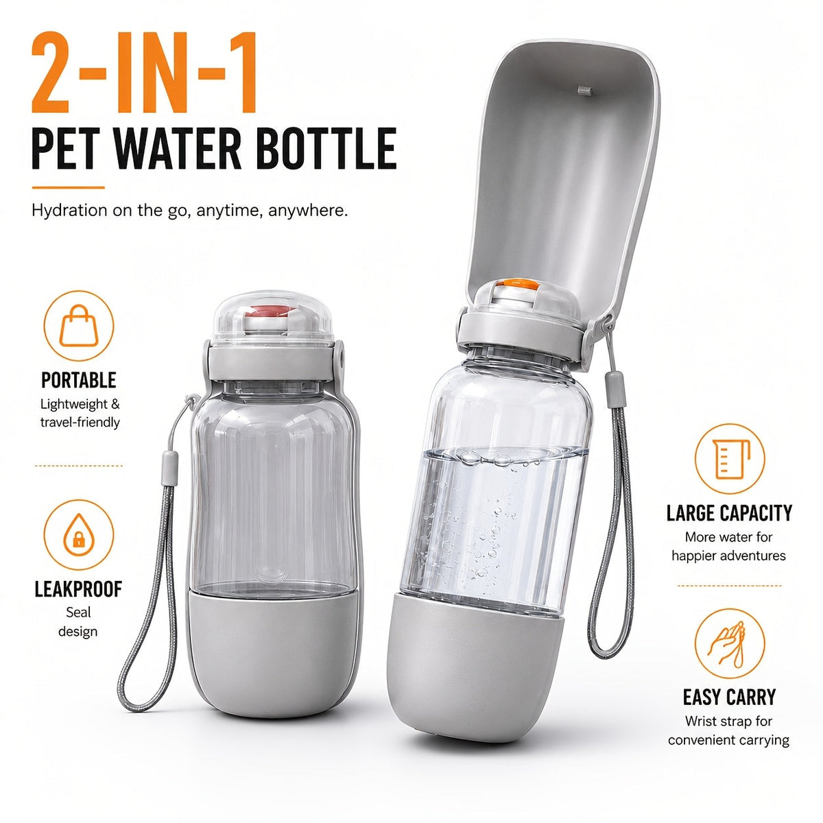 Gourde portable pour animaux avec dragonne, distributeur 2-en-1 d'eau et de nourriture anti-fuite pour chiens et chats - Gobelet de voyage compact pour promenades, randonnées et camping - Gourde légère pour chiens et chats