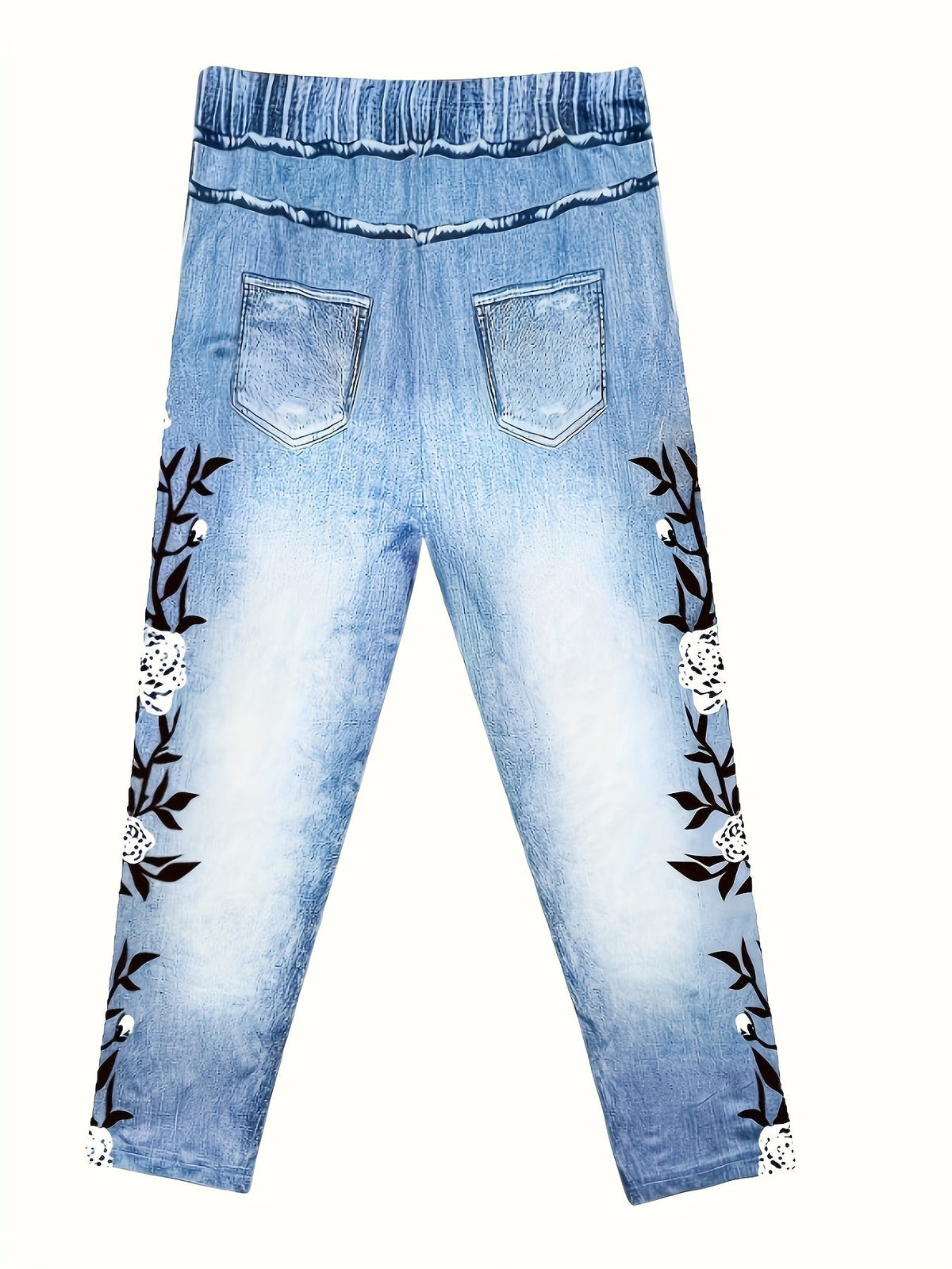 Legging Capri taille haute pour femme, aspect jean à imprimé floral – Polyester stretch, taille élastique, style jean bleu imitation, collants décontractés quatre saisons, bleu acier vif, tailles S-XXL