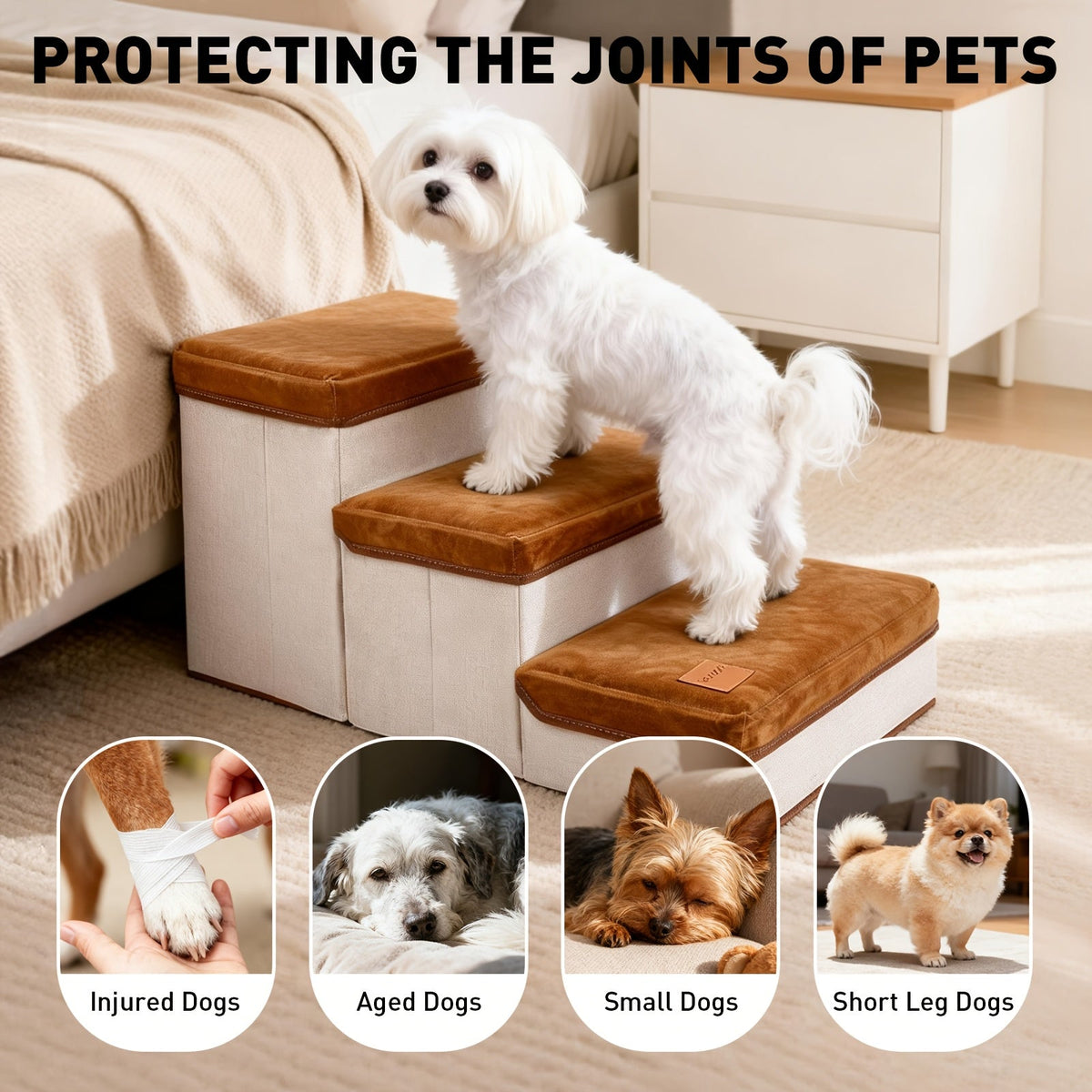 Escalier pliable pour petits chiens à 3 marches – Rampe pour animaux en nylon antidérapant pour lits et canapés surélevés, design pliable compact, marron et blanc, inclut une peluche en forme de patte de poulet en bonus