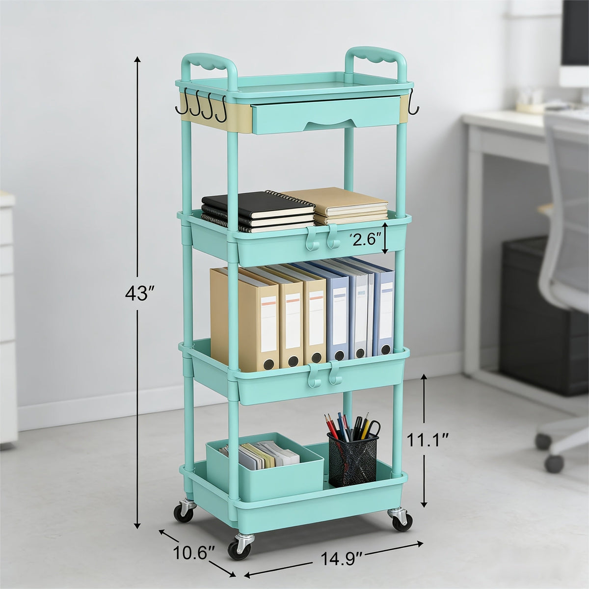 Desserte de rangement à roulettes 3 et 4 niveaux avec tiroir et roues verrouillables – Étagère de rangement multifonctionnelle en plastique pour cuisine, salle de bain, salon, bureau – 7 couleurs