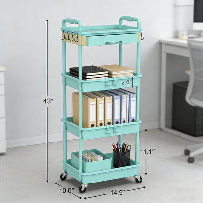 Desserte de rangement à roulettes 3 et 4 niveaux avec tiroir et roues verrouillables – Étagère de rangement multifonctionnelle en plastique pour cuisine, salle de bain, salon, bureau – 7 couleurs