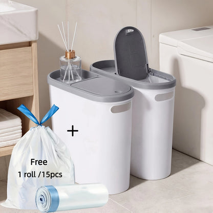 Petite poubelle de salle de bain avec poignées intégrées, lot de 1 ou 2 – Corbeille à papier en plastique antirouille, design gain de place pour salle de bain, buanderie et bureau, sacs poubelle inclus