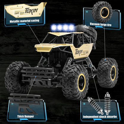 1:12 Scale RC Monster Truck 2.4GHz Off-Road Remote Control Car - Alloy Body, Independent Suspension, Rubber Tires, LED Lights, 1200mAh Battery, Crash-Resistant - Golden