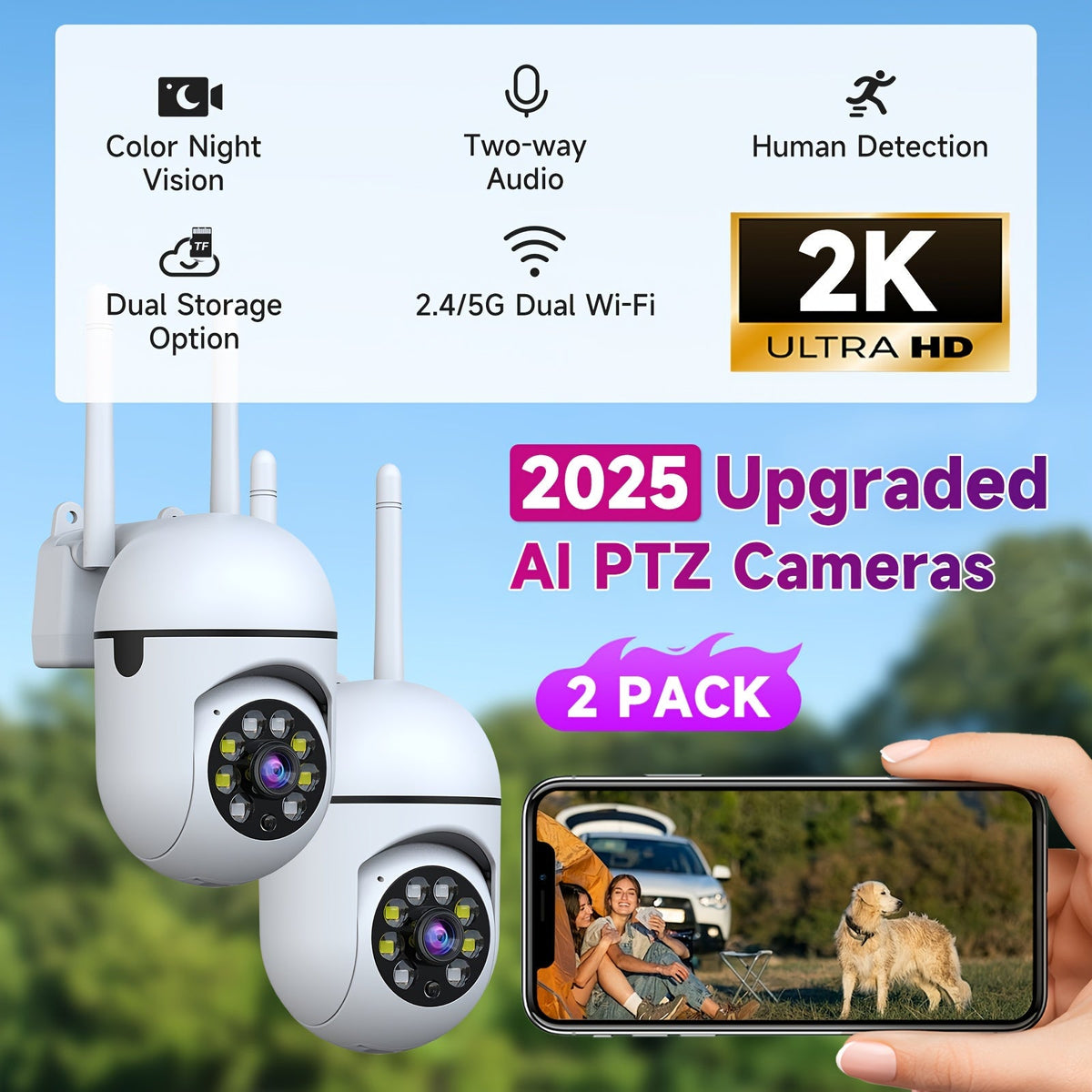 Lot de 2 caméras de sécurité WiFi 2K QHD PTZ panoramique 355° – Double bande 2,4 G/5 G, détection de mouvement par IA, vision nocturne couleur, audio bidirectionnel, stockage cloud et carte SD, babyphone, caméra de surveillance intérieure