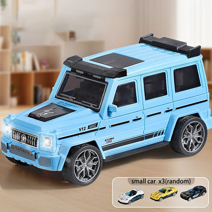 Circuit de voitures transformable avec 3 mini-véhicules - Lanceur de voiture à inertie pliable tout-terrain, ensemble de jouets éducatifs STEM pour garçons et enfants de 3 ans et plus, cadeau d'anniversaire ou de Noël (blanc ou bleu)