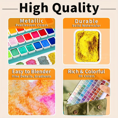 Ensemble de 98 aquarelles métallisées scintillantes, pigments perlés de qualité supérieure avec étui portable, haute résistance à la lumière pour illustration sur toile, scrapbooking, décoration, fournitures d'art pour artistes et amateurs.