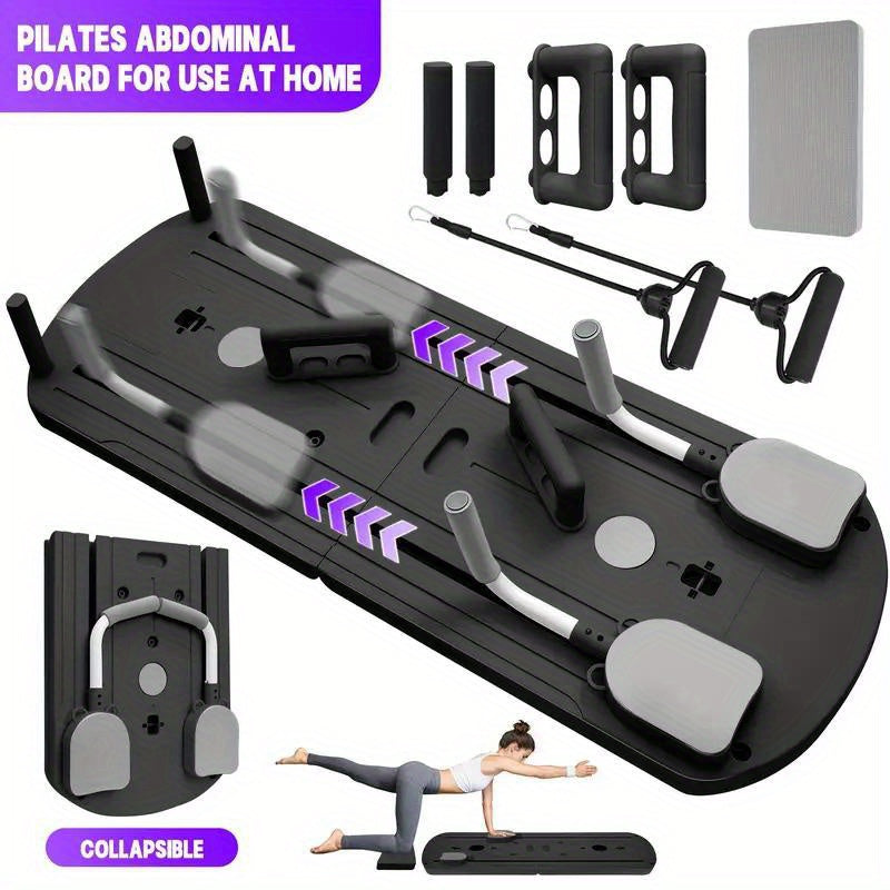Planche de Pilates pliable 8-en-1 avec bandes de résistance – Appareil d'entraînement abdominal multifonction, matériau PP anti-déformation, design plat stable, rangement compact, équipement de gym à domicile pour hommes et femmes