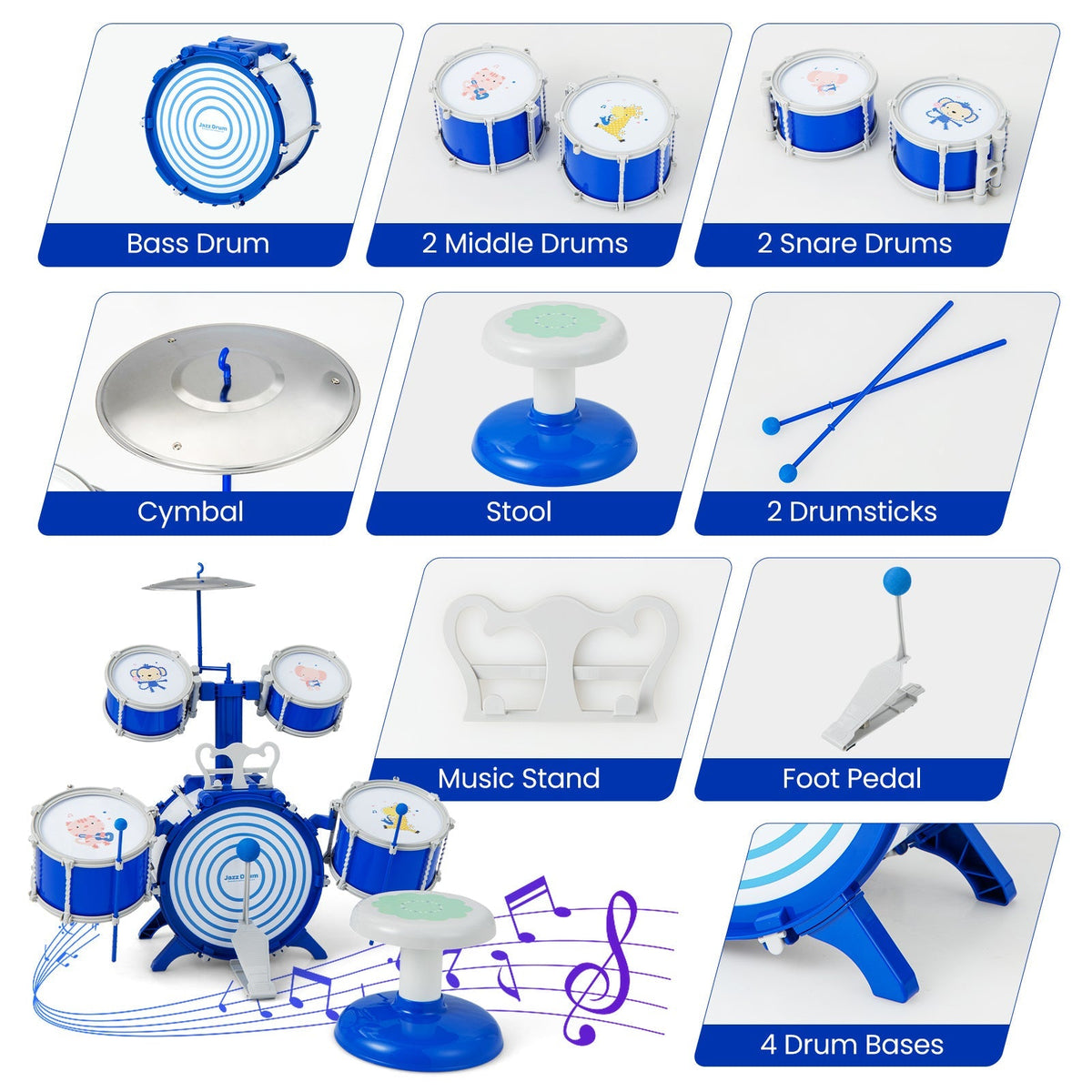 Batterie pour tout-petits et enfants - Kit de jazz complet avec grosse caisse, 2 toms, 2 caisses claires, cymbale, pédale à ressort, baguettes, pupitre et tabouret | Cadeau de percussion pour débutants, garçons et filles