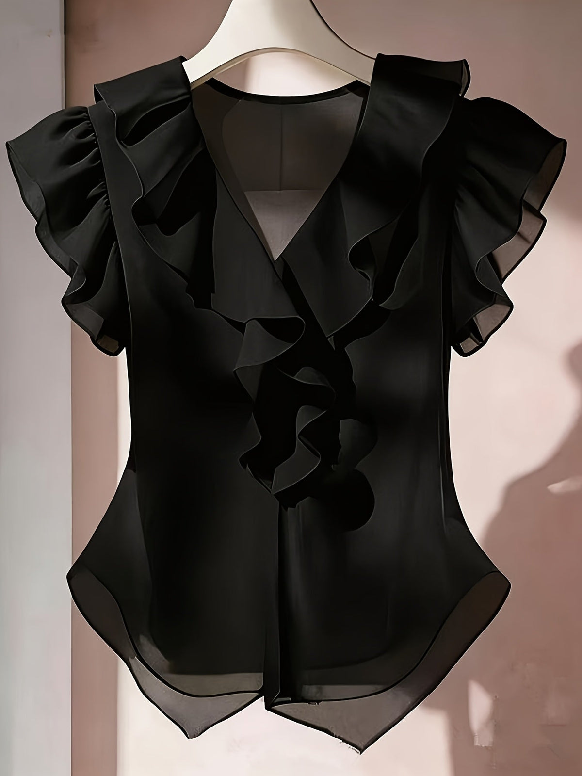 Haut femme en mousseline à manches courtes et volants – Chemisier d'été décontracté coupe évasée, couleur unie, disponible en 21 coloris, 100 % polyester tissé