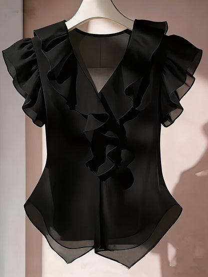 Haut femme en mousseline à manches courtes et volants – Chemisier d'été décontracté coupe évasée, couleur unie, disponible en 21 coloris, 100 % polyester tissé