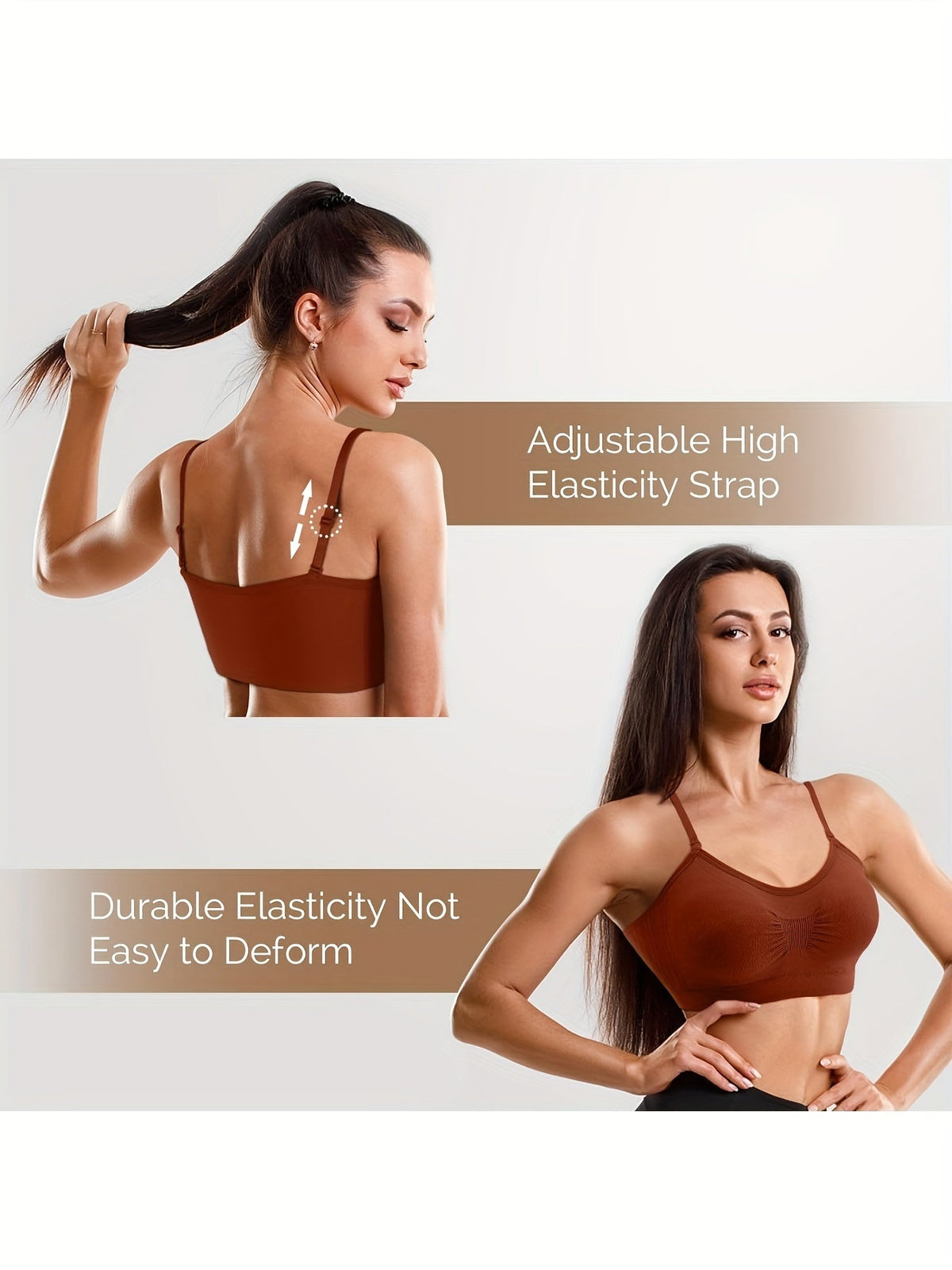 Lot de 4 brassières débardeurs à col en V avec coussinets – Soutien-gorge de sport sans armatures avec bretelles réglables pour femme, ensemble de brassières douces avec coussinets pour le quotidien, tailles S-XL, couleurs rouille, beige, vert, bleu