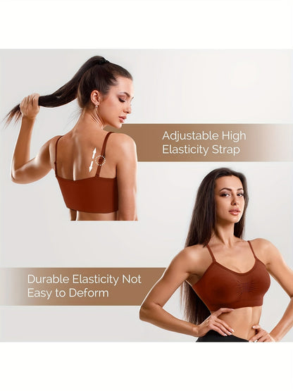 Lot de 4 brassières débardeurs à col en V avec coussinets – Soutien-gorge de sport sans armatures avec bretelles réglables pour femme, ensemble de brassières douces avec coussinets pour le quotidien, tailles S-XL, couleurs rouille, beige, vert, bleu