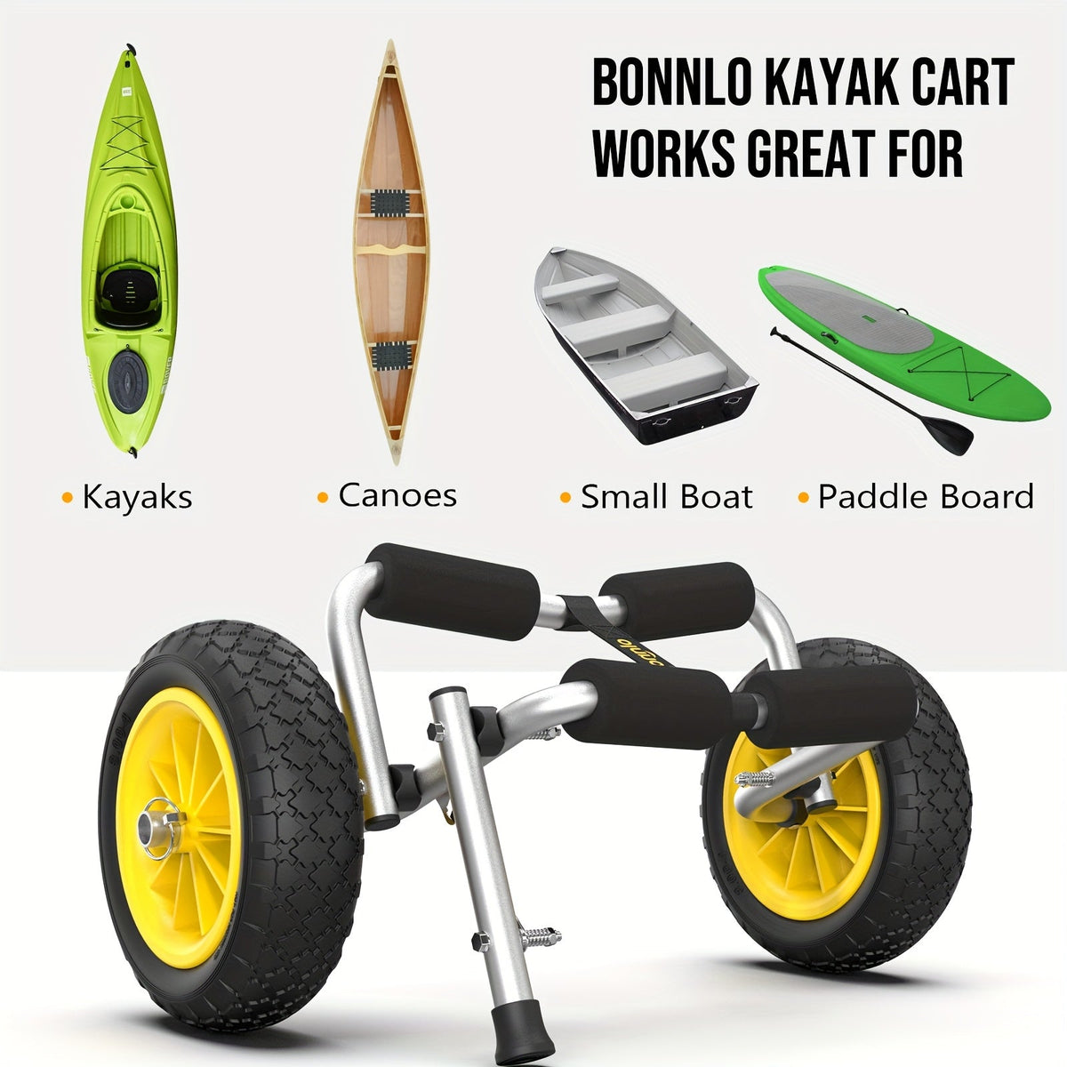 Chariot de transport pour kayak pliable Bonnlo en alliage d'aluminium moulé avec roues pleines de 10 po – Convient aux canoës, planches à pagaie, bateaux à fond plat, tapis flottants et embarcations