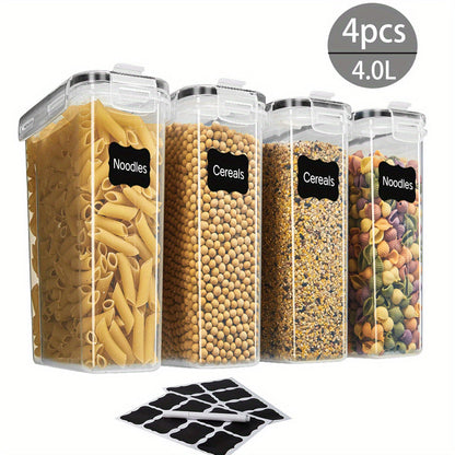 Lot de 8 récipients de stockage alimentaire transparents avec couvercles (4 bocaux + 4 couvercles, 4 L) – Boîtes de cuisine hermétiques anti-humidité pour céréales, riz, grains de café, noix, thé, sel et épices