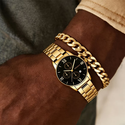 Coffret cadeau montre mécanique de luxe et bijoux pour homme, 4 pièces – Bracelet, collier et bague vintage en alliage galvanisé, ensemble d'accessoires élégants style business décontracté pour Noël, la Saint-Valentin et les fêtes