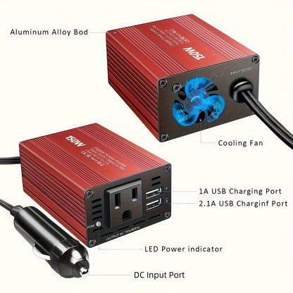 Convertisseur de tension pour voiture 150 W, 12 V CC à 110 V CA avec double port USB 3,1 A – Adaptateur secteur pour ordinateur portable, téléphone, tablette, essentiel pour les trajets en voiture