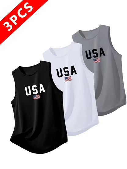 Lot de 3 débardeurs de sport pour homme, séchage rapide et anti-transpiration, avec imprimé USA, respirants, pour salle de sport, course à pied et entraînement - Noir, Blanc, Gris