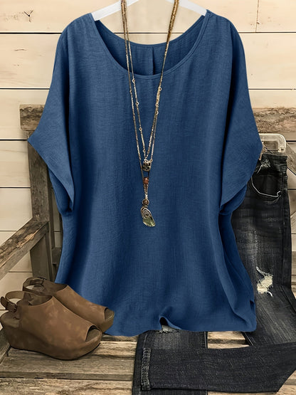 Haut de plage ample et brillant pour femme – T-shirt de vacances à manches courtes et col rond, couleur unie, pour sorties estivales décontractées