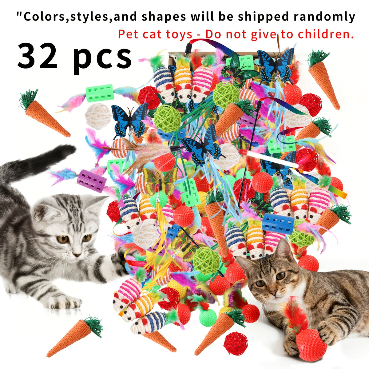 Ensemble de jouets variés pour chats 16/32/64/200 pièces - Assortiment de jouets interactifs en plastique, plumes et polyester pour chats, couleurs et styles aléatoires, lot de jouets en gros pour chats et chatons, pack découverte pour le jeu quotidien