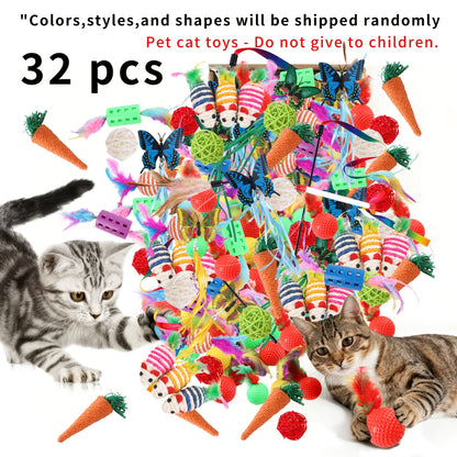 Ensemble de jouets variés pour chats 16/32/64/200 pièces - Assortiment de jouets interactifs en plastique, plumes et polyester pour chats, couleurs et styles aléatoires, lot de jouets en gros pour chats et chatons, pack découverte pour le jeu quotidien