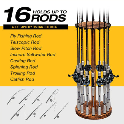 Support de cannes à pêche circulaire en bois, capacité 16 cannes, organisateur gain de place pour garage, abri de jardin ou espace détente – Options rotatif à 360° ou fixe, construction en bois robuste, cadeau pour pêcheur