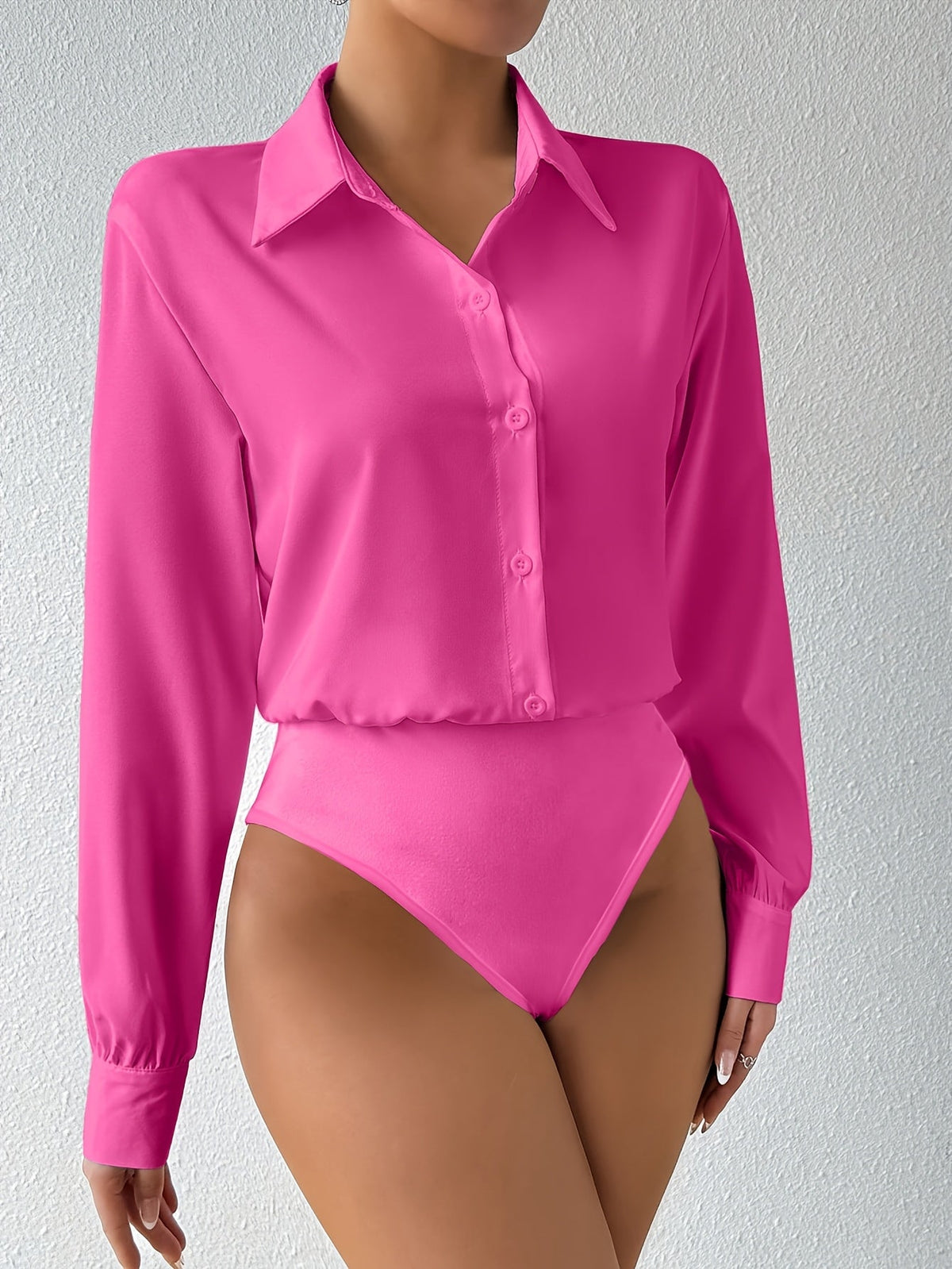 Body à manches longues pour femme, couleur unie, col à revers avec boutons, fermeture à boutons-pression à l'entrejambe, haut ajusté et extensible, chemisier à col roulé pour femme