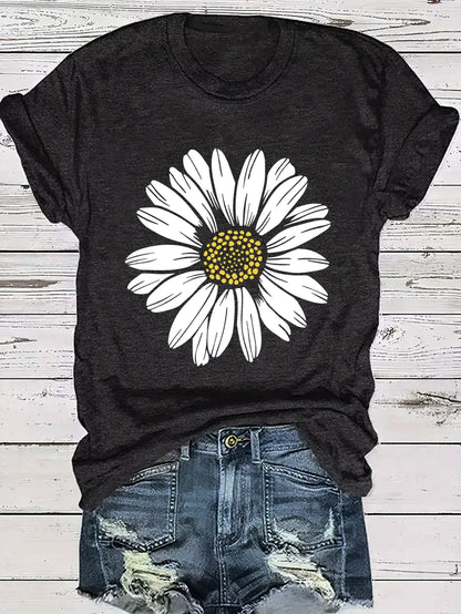 T-shirt à col rond imprimé marguerites pour femme | Hauts d'été décontractés pour femme, t-shirts à manches courtes avec motif floral mignon S M L XL XXL