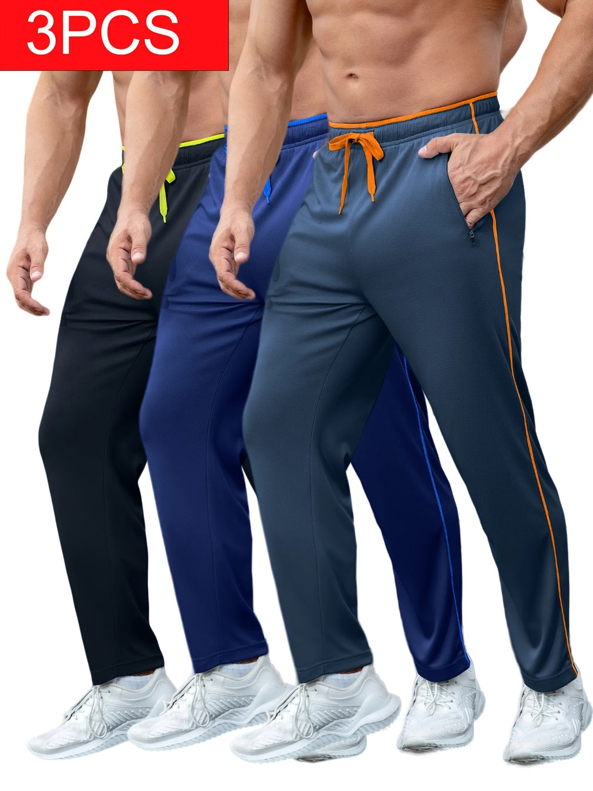 Lot de 3 pantalons de survêtement légers pour homme avec poches – Joggers athlétiques à ourlet ouvert pour l'entraînement, le jogging, la salle de sport et la course, tailles S à XXXL, 3 assortiments de couleurs