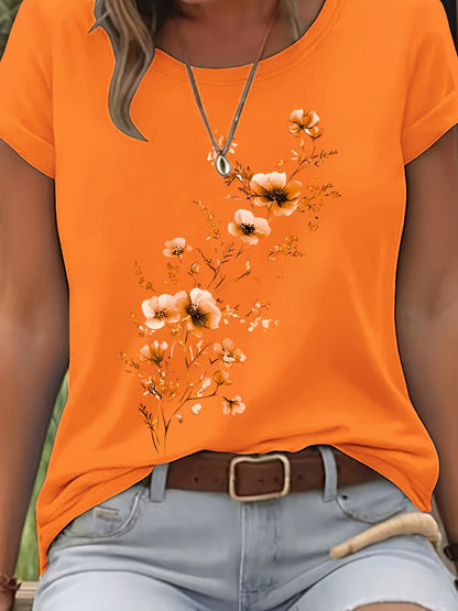 T-shirt pour femme à motif floral aquarelle – Haut décontracté élégant à col rond et manches courtes pour le printemps et l'été