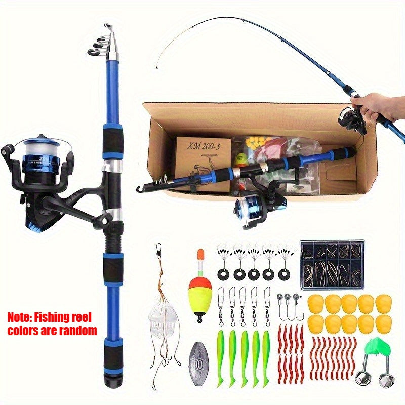 Kit de pêche complet avec canne, moulinet, ligne, leurres souples et hameçons, action rapide, ambidextre, pour pêche en eau douce et en mer - Cadeau idéal pour pêcheur débutant en plein air, Bleu Vert