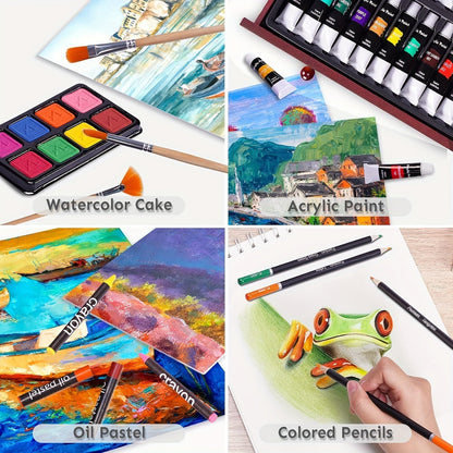 175-Piece Deluxe Art Set in Wooden Case – Complete Art Kit with Drawing Pads, Crayons, Acrylic Paints & Colored Pencils, Professional Artist Supplies Gift for Kids Teens Adults, All Occasions