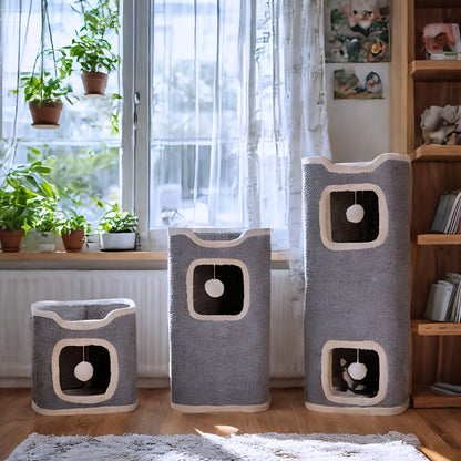 Arbre à chat pliable à plusieurs niveaux pour chats d'intérieur - Maison pour chat résistante aux griffures avec couchage douillet, cachette et balles à grelots, meuble pour chat de 1 à 3 étages pour grimper, jouer et se reposer