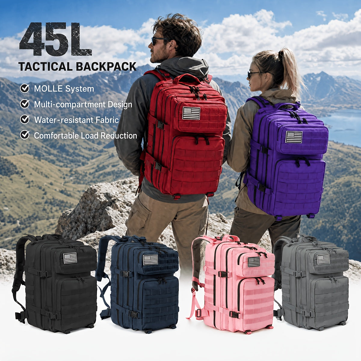 Sac à dos tactique 45 L pour hommes et femmes – Sac de randonnée, camping et voyage grande capacité, sac d'évacuation 3 jours pour le fitness et l'aventure en plein air, 13 coloris disponibles