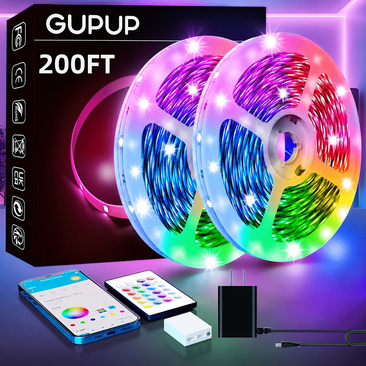 Ruban LED RVB avec télécommande via application, synchronisation musicale, intensité réglable, changement de couleur et minuterie – Éclairage LED intelligent pour la décoration de chambre, salon et salle de jeux, de 5 m à 60 m