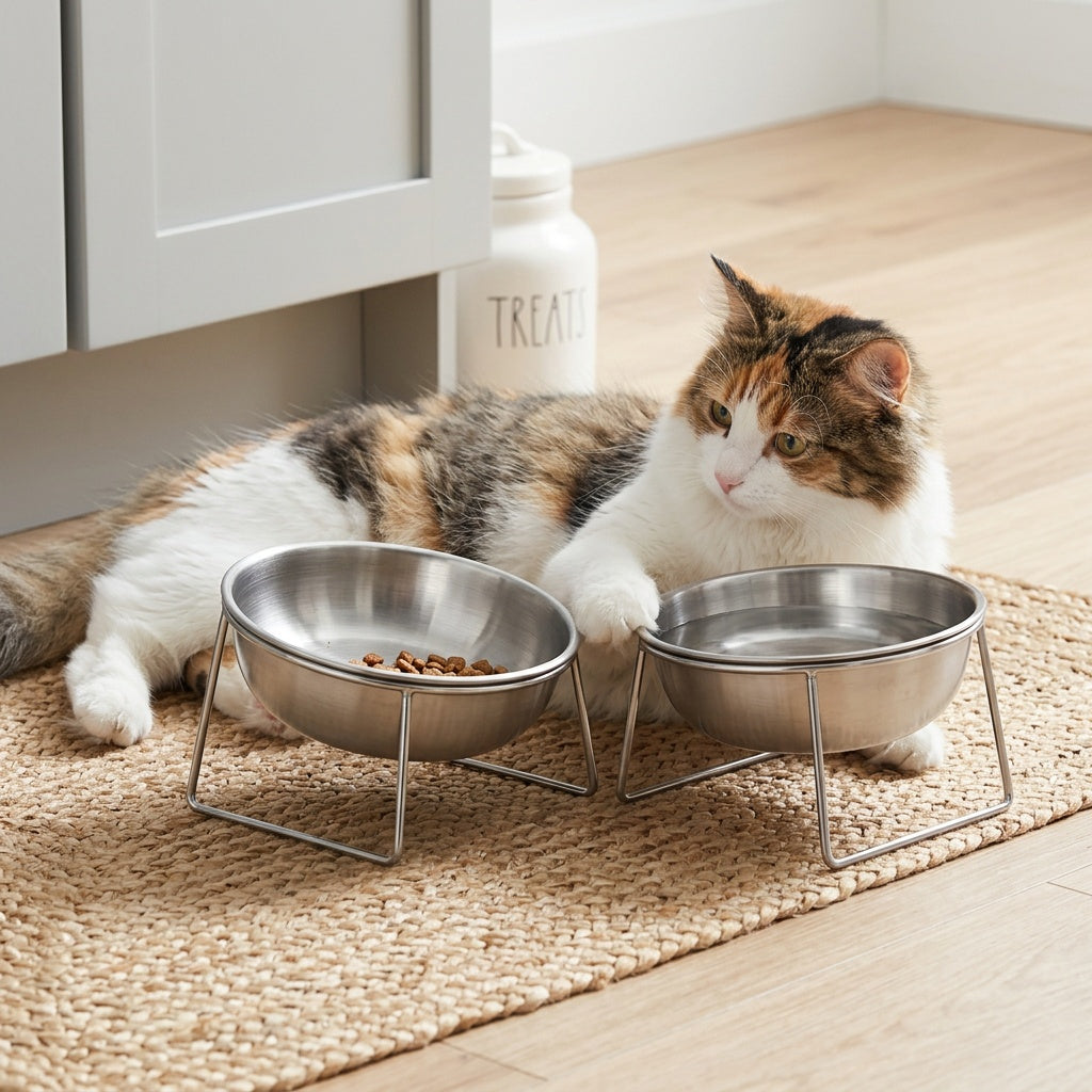 Ensemble de gamelles surélevées pour chien et chat – Gamelles inclinées à 15° en acier inoxydable avec support, design ergonomique anti-étouffement pour petits chiens et chats – Ensemble de 2 gamelles avec support