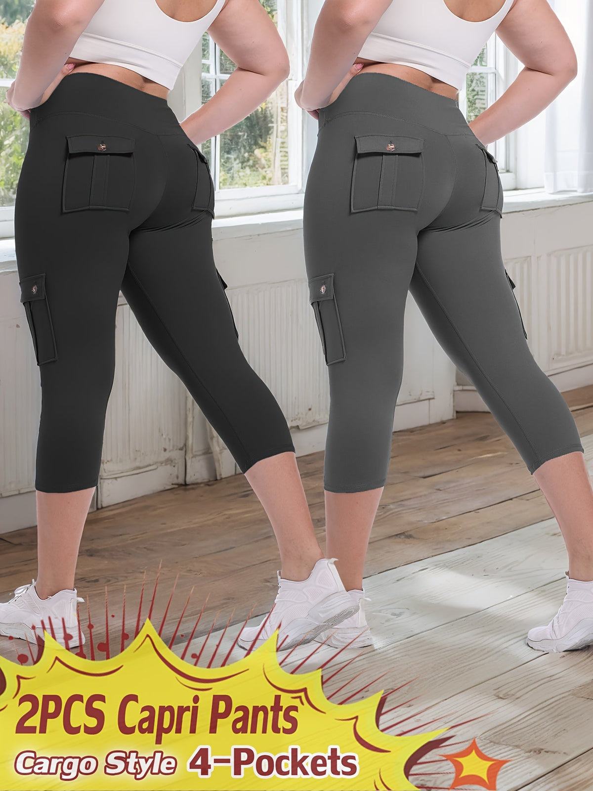 Pantalon de yoga Capri taille haute, lot de 2 – Legging en élasthanne extensible dans les 4 sens, gainant et galbant, avec 4 poches, pantacourt de sport pour femme, 9 ensembles de couleurs, tailles S à XXL