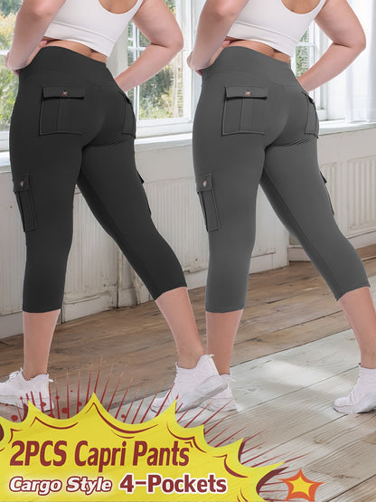 Pantalon de yoga Capri taille haute, lot de 2 – Legging en élasthanne extensible dans les 4 sens, gainant et galbant, avec 4 poches, pantacourt de sport pour femme, 9 ensembles de couleurs, tailles S à XXL
