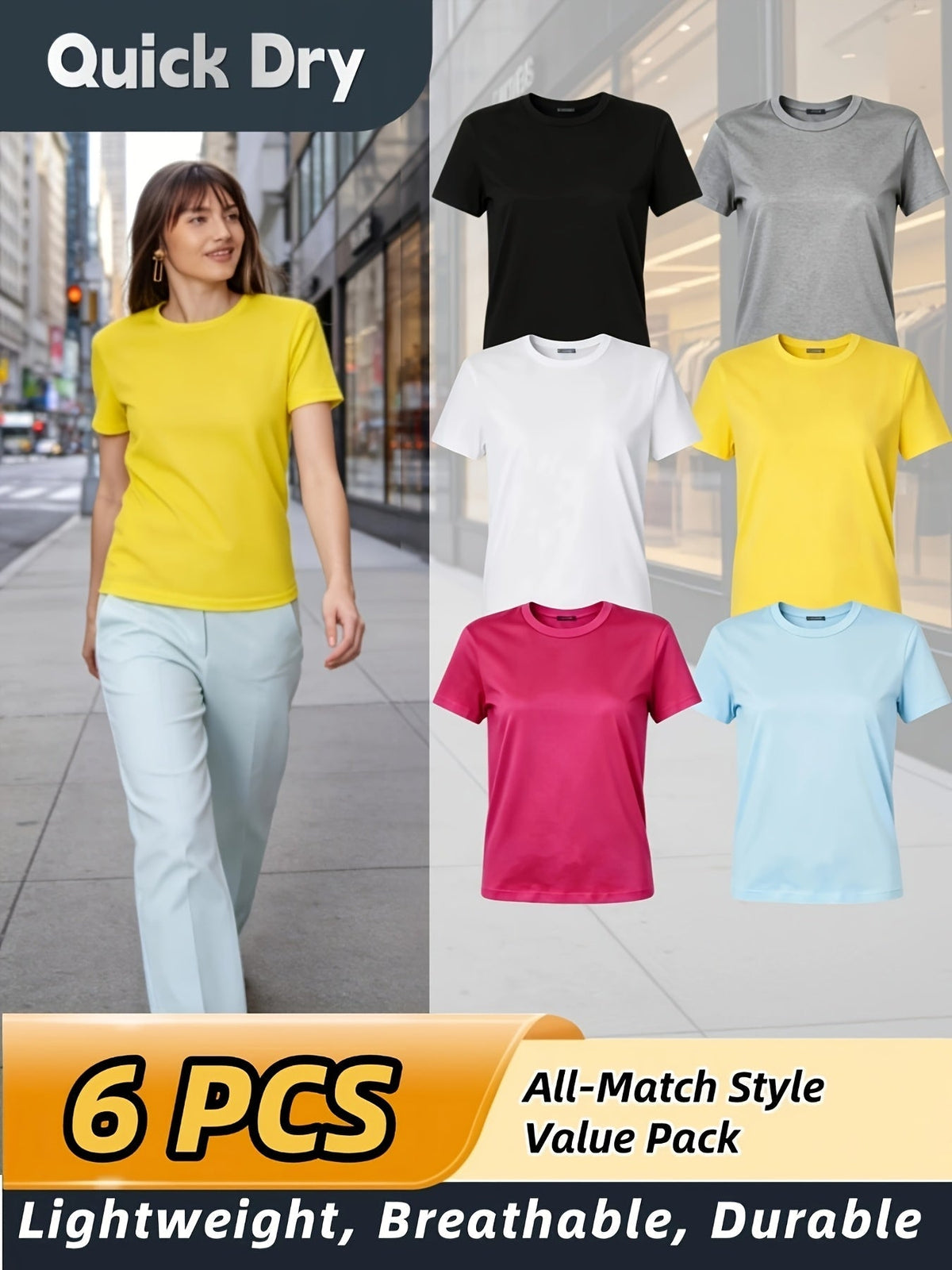 Lot de 6 t-shirts de sport pour femme, respirants, anti-transpirants et doux pour la peau, parfaits pour le sport en extérieur, la salle de gym ou le quotidien – Couleurs assorties, tailles XS-XXL