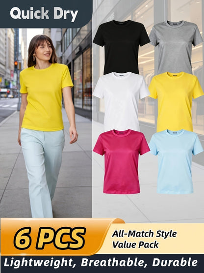 Lot de 6 t-shirts de sport pour femme, respirants, anti-transpirants et doux pour la peau, parfaits pour le sport en extérieur, la salle de gym ou le quotidien – Couleurs assorties, tailles XS-XXL